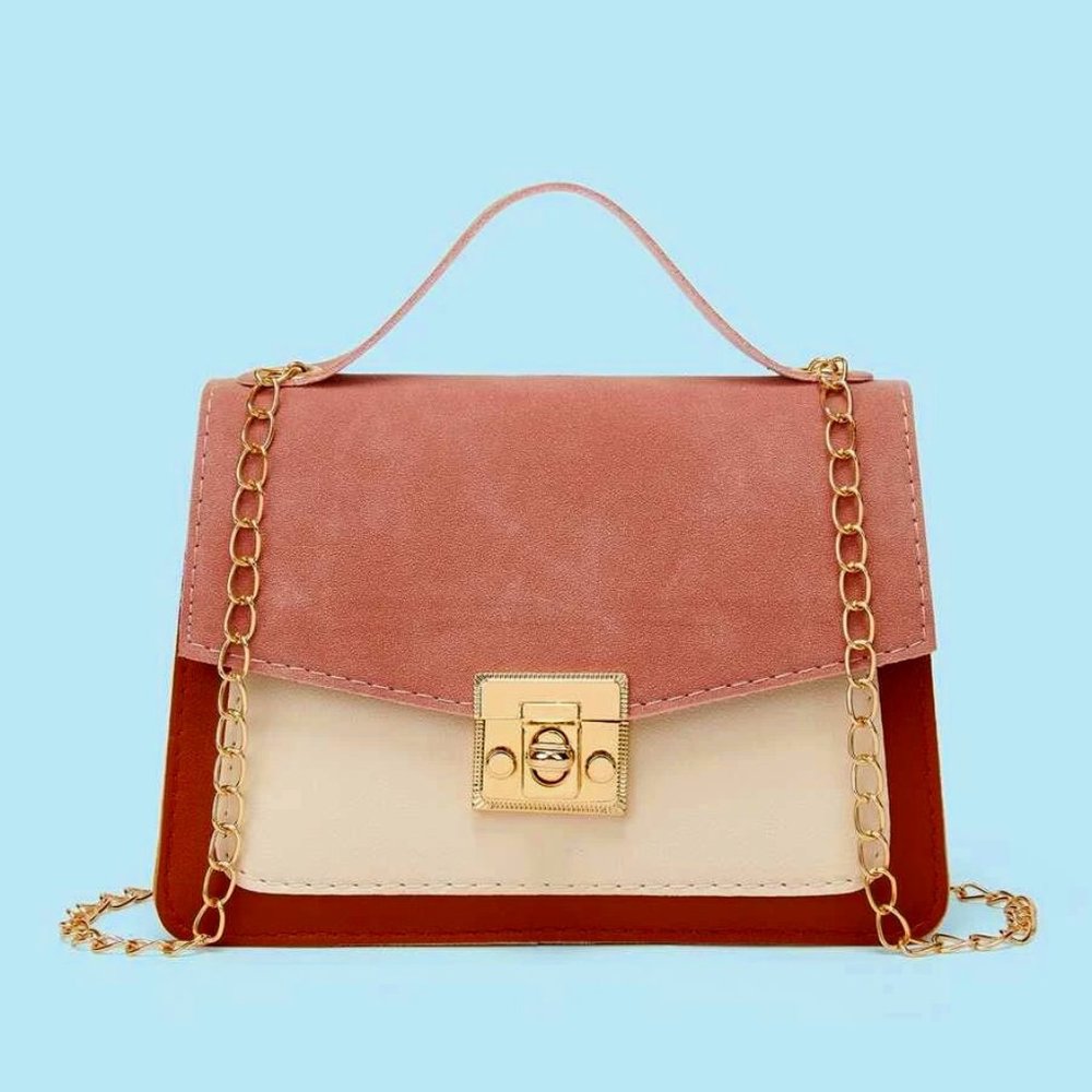 Women's Purse with Top Handle and Gold Chain Pink Brown Leather Handbag